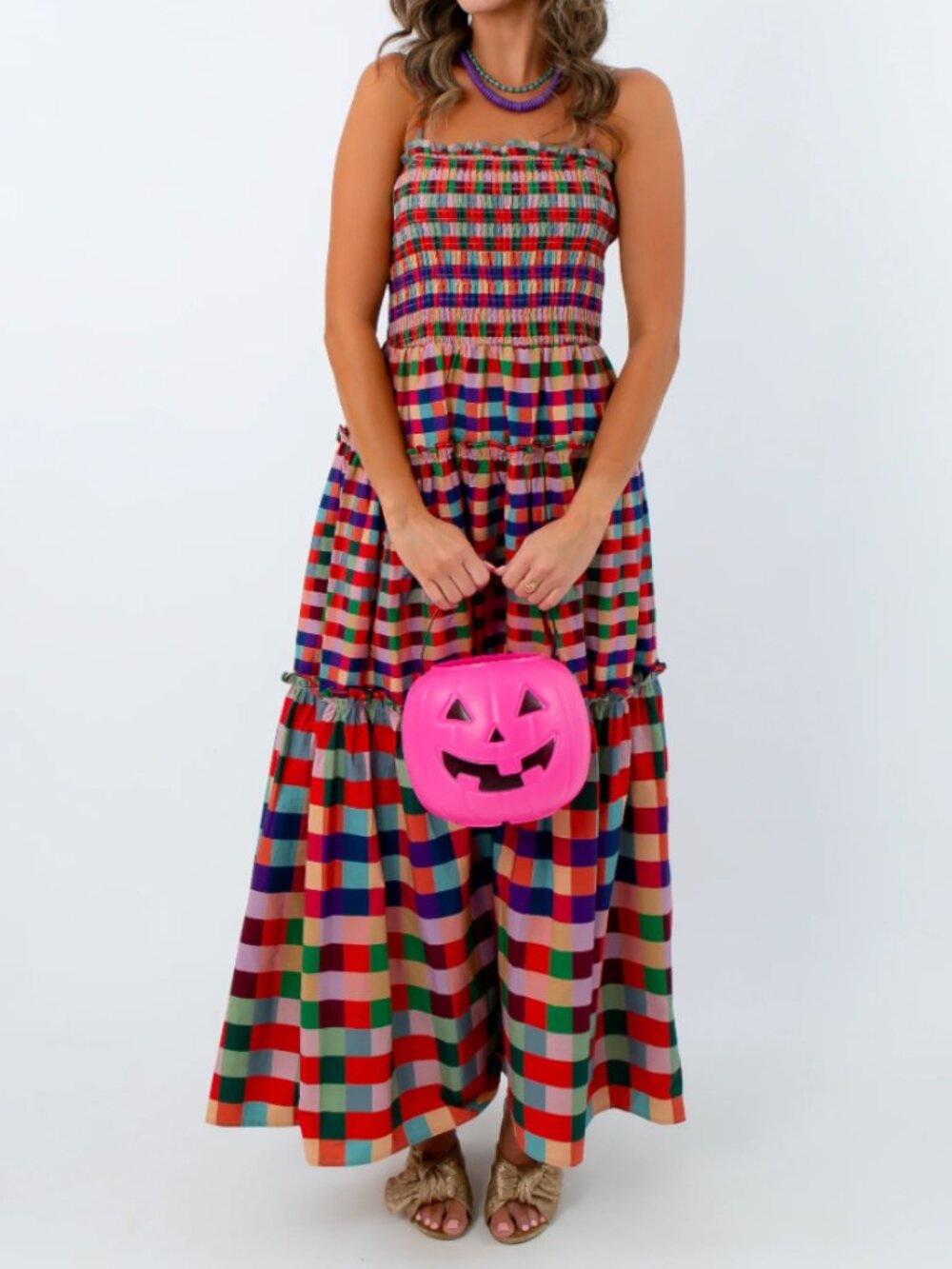 TCEC multicolor plaid maxi dress fully smocked bodice tiered skirt size small